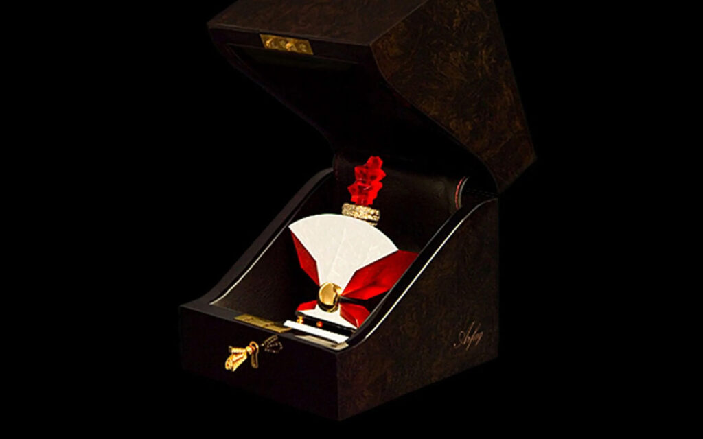 Parfum VI de Gianni Vivé Sulman, flacon en cristal, or, platine et diamants signé Pierre Dinand