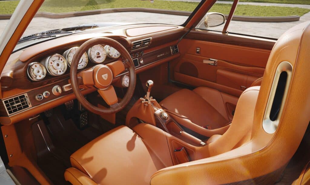 Habitacle complet avec volant et tableau de bord de la Porsche 911 Louis Vuitton x Singer