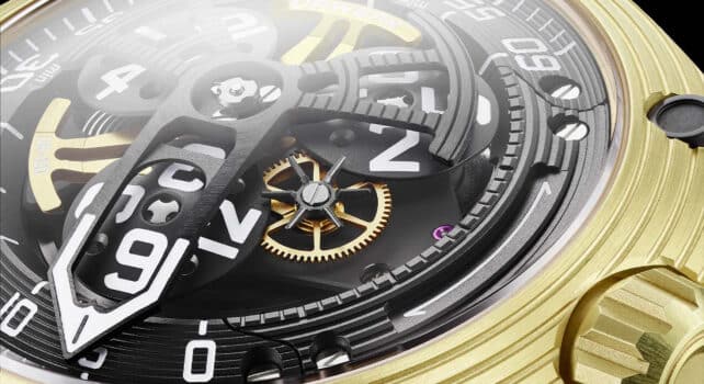 Urwerk habille son UR-150 Scorpion d’or jaune, entre satellites horaires et minutes rétrogrades