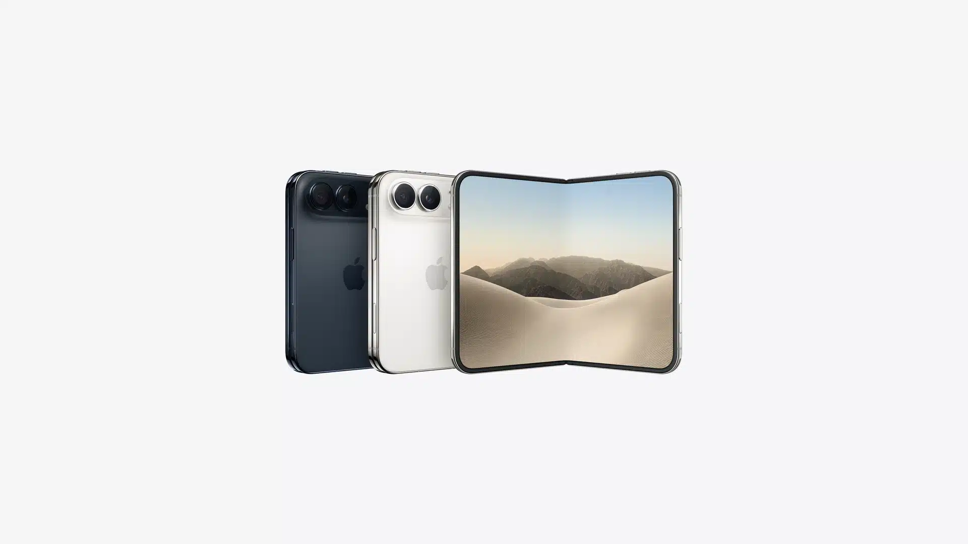 iPhone pliable Apple en deux coloris, bleu nuit et blanc, écran ouvert sur un fond d'écran de dunes désertiques