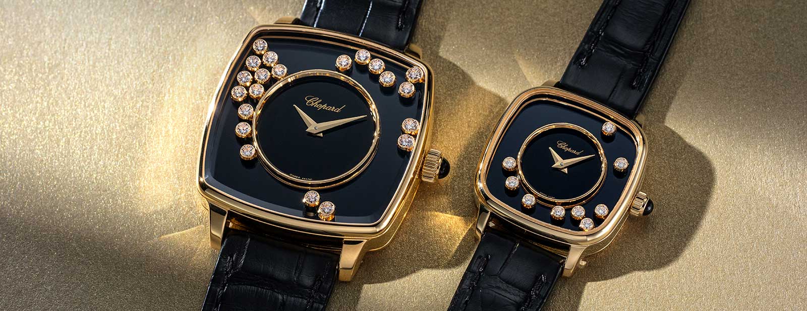 Cadran noir et diamants sertis de la Chopard Happy Diamonds Heritage, collection du 50e anniversaire Happy Diamond
