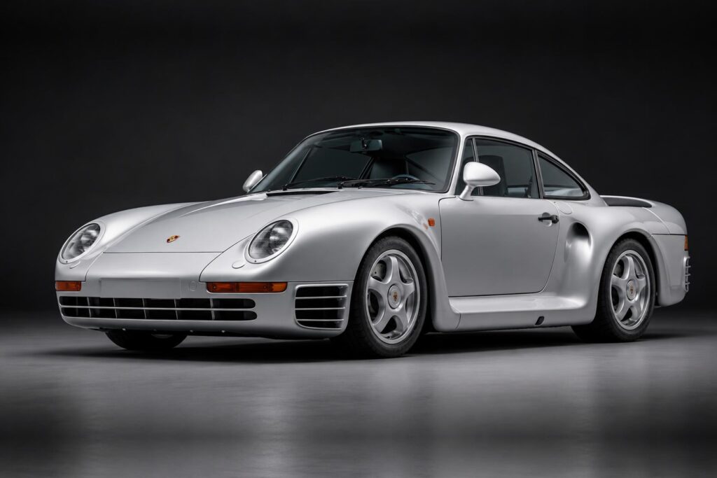 Porsche S1 supercar 2026 : Porsche 959 argentée, modèle emblématique de l’histoire de la marque.