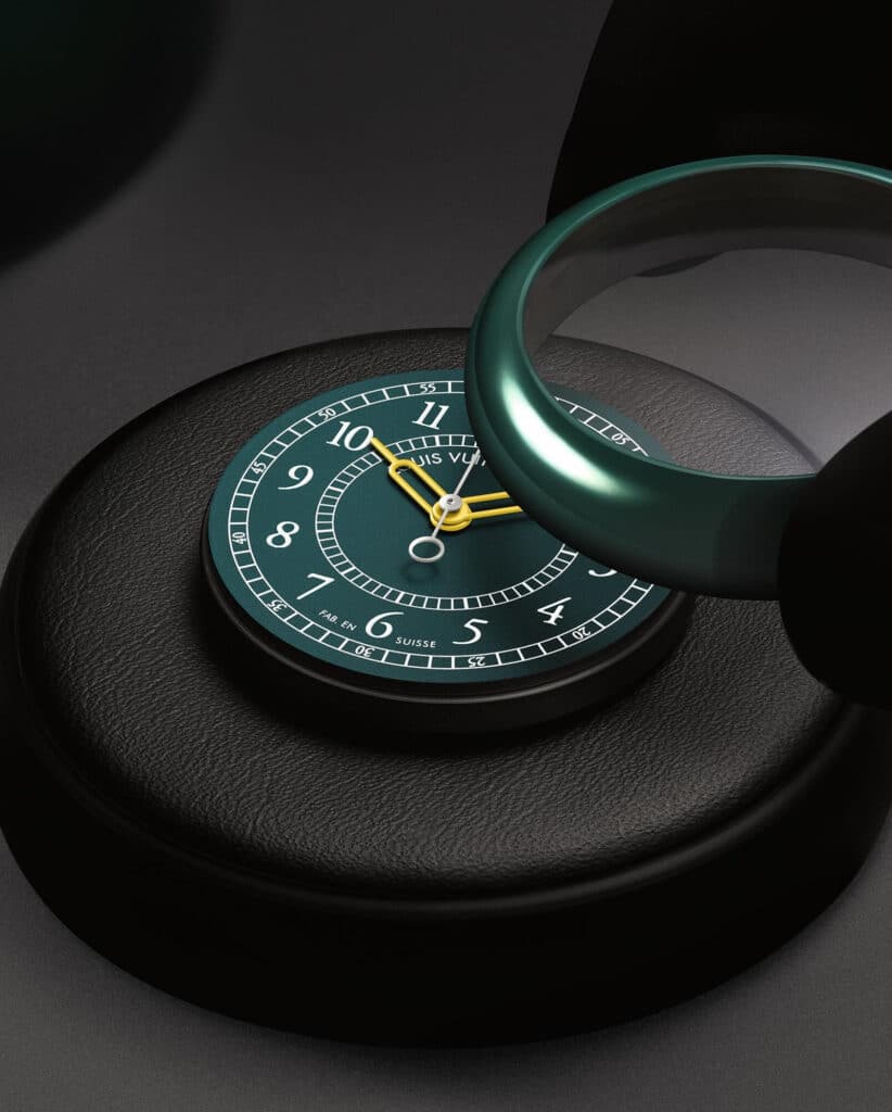 Étape d’assemblage du cadran vert de la Louis Vuitton Monterey céramique avec le boîtier.