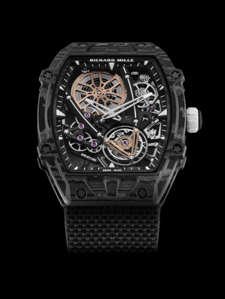 Les 10 montres de l’ultra-luxe les plus désirables en 2026 : Richard Mille RM 27-05 Rafael Nadal en Carbone TPT, avec tourbillon volant.