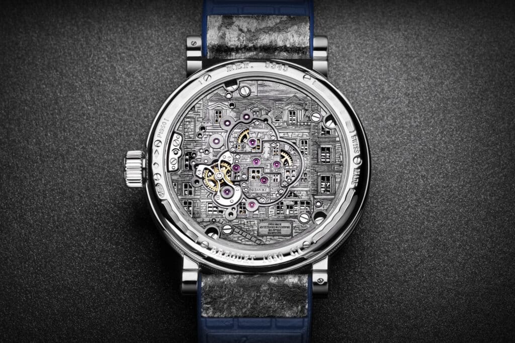 Fond gravé de la Breguet Double Tourbillon 5345 représentant le Quai de l'Horloge à Paris.