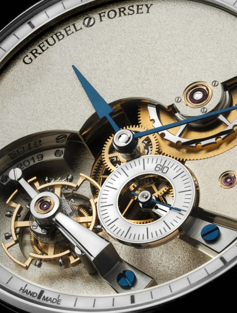 Détail du cadran de la Greubel Forsey Hand Made 1 avec tourbillon et petite seconde.