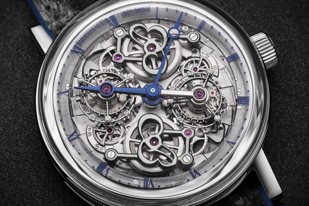 Les 10 montres de l’ultra-luxe les plus désirables en 2026 : Breguet Classique Double Tourbillon 5345 en platine, cadran ajouré et deux tourbillons.