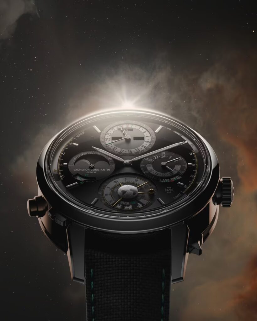 Les 10 montres de l’ultra-luxe les plus désirables en 2026 : Vacheron Constantin Solaria sur fond céleste, avec ses complications astronomiques.