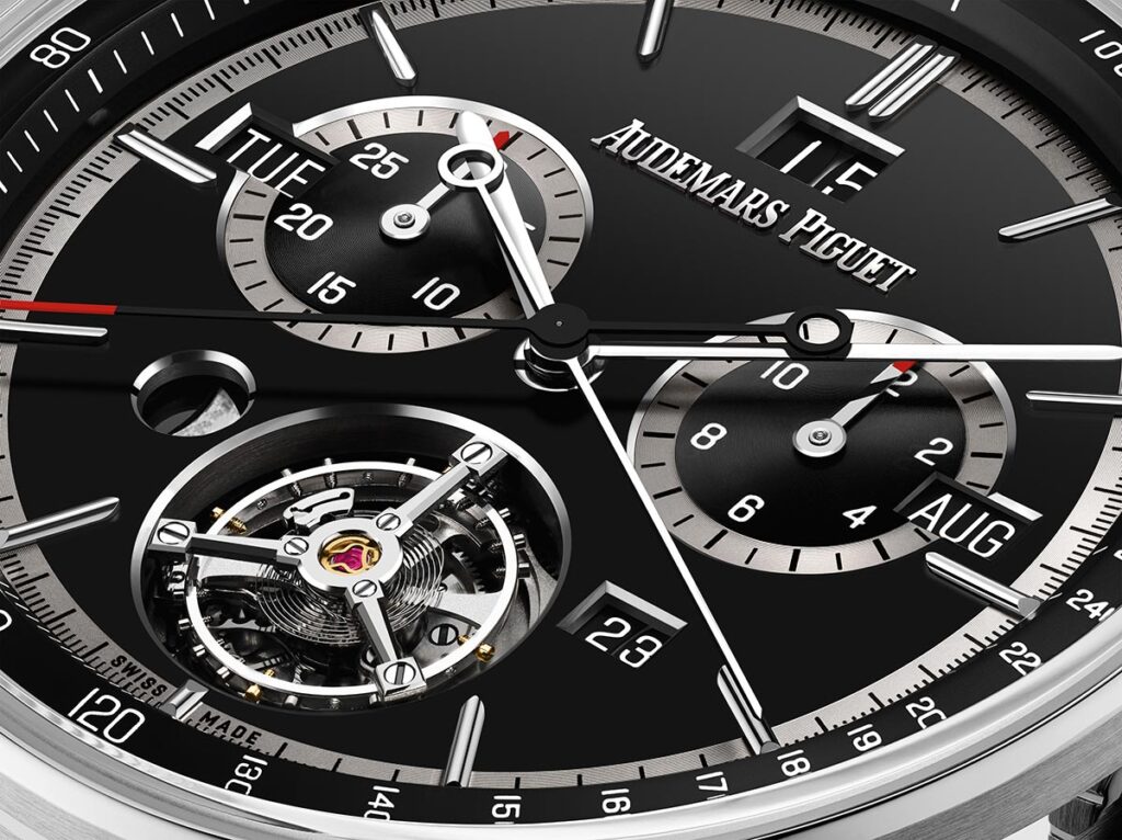 Les 10 montres de l’ultra-luxe les plus désirables en 2026 : Détail du cadran de l'Audemars Piguet Code 11.59 Universelle RD4 avec tourbillon et affichages calendaires.