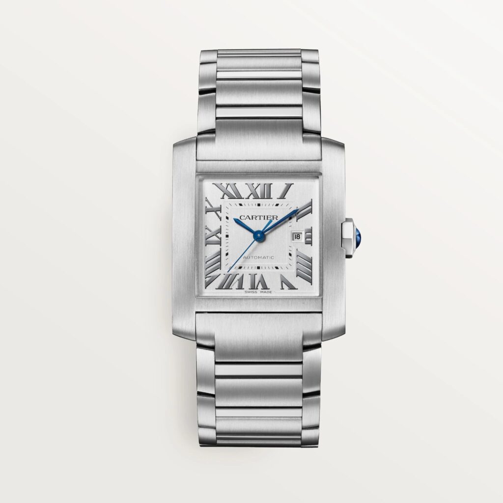 Cartier les plus désirables 2026 : Montre Cartier Tank Française grand modèle automatique en acier, vue de face