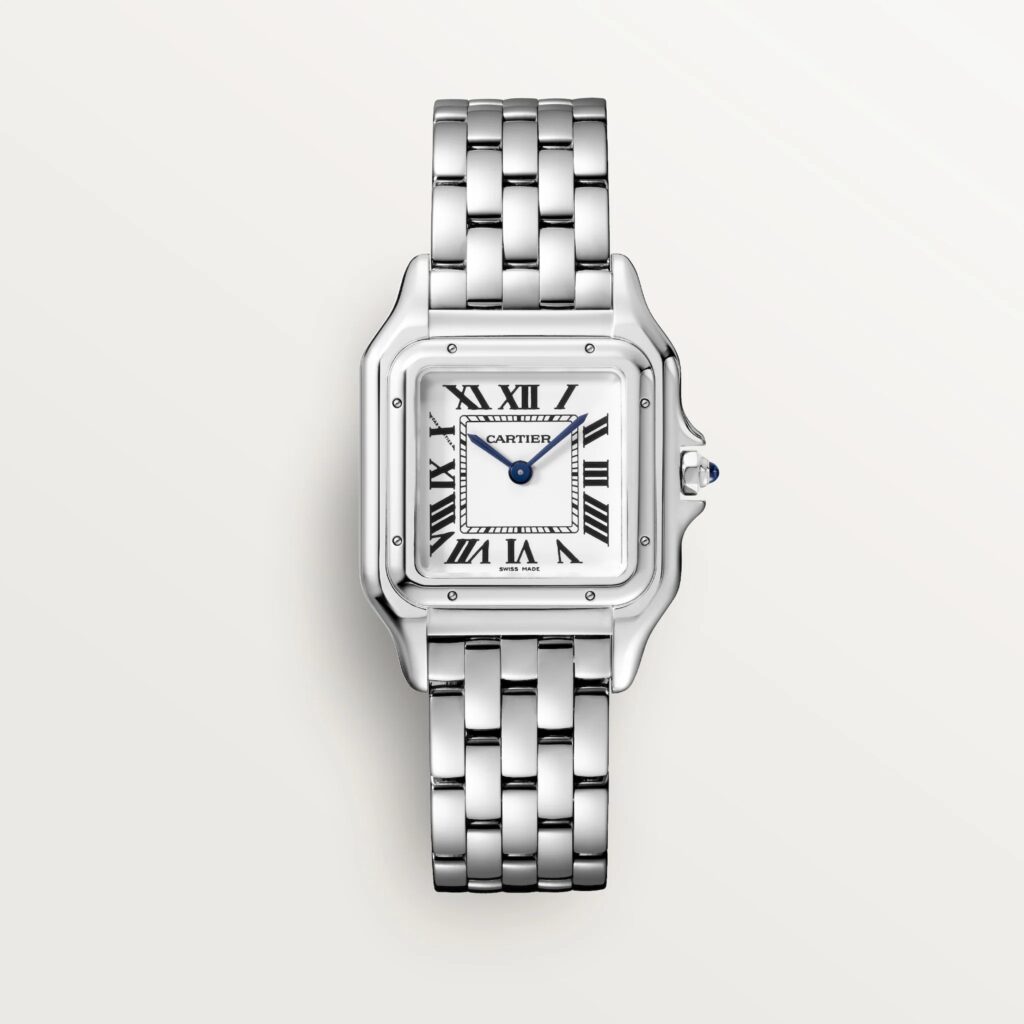 Cartier les plus désirables 2026 : Montre Panthère de Cartier modèle moyen en acier sur bracelet à maillons, vue de face