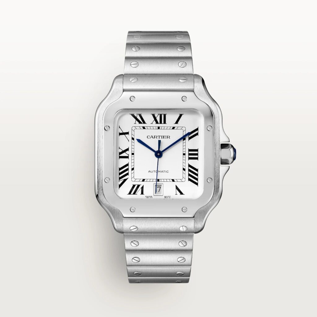 Cartier les plus désirables 2026 : Montre Santos de Cartier grand modèle automatique en acier sur bracelet acier, vue de face