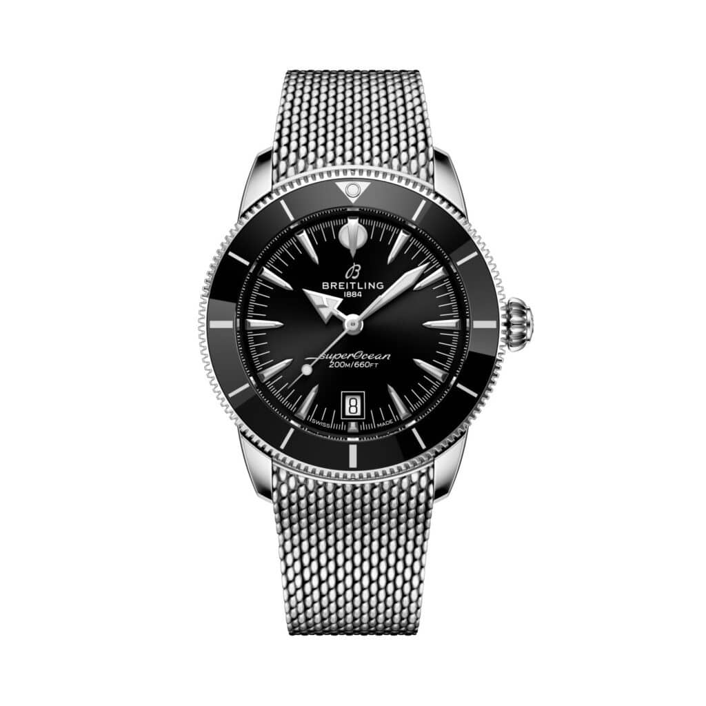 Les 10 Breitling les plus désirables en 2026 : Montre Breitling Superocean Heritage B31 Automatic 42 en acier, cadran noir, bracelet milanais, de face