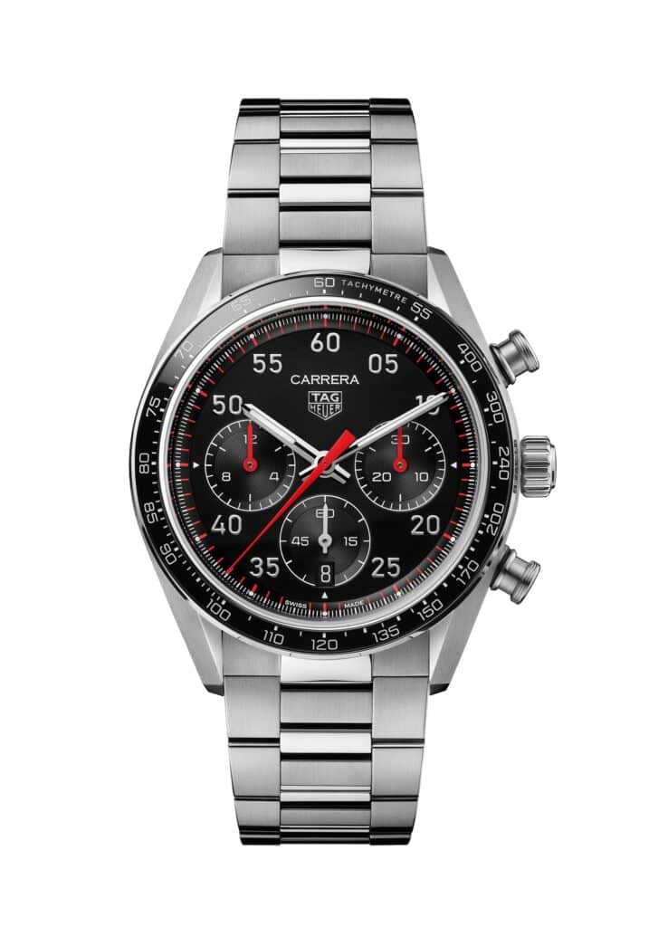 Les 10 TAG Heuer les plus désirables en 2026 : Montre TAG Heuer Carrera Chronograph Sport 42 mm en acier, cadran noir, lunette céramique, vue de face