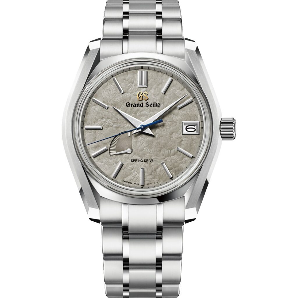 Les 10 Grand Seiko les plus désirables en 2026 : Montre Grand Seiko SBGA415 Taisetsu en acier, cadran gris texturé, sur bracelet acier, vue de face