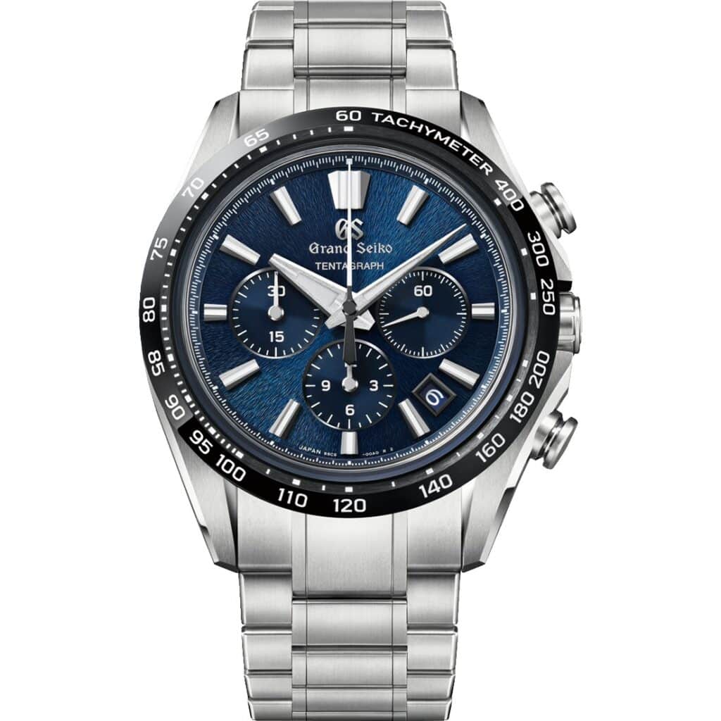 Les 10 Grand Seiko les plus désirables en 2026 : Montre Grand Seiko Tentagraph SLGC001 en titane, cadran bleu et lunette céramique noire, vue de face
