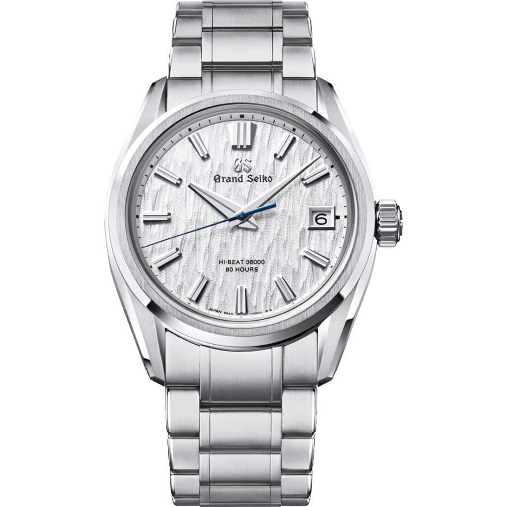 Les 10 Grand Seiko les plus désirables en 2026 : Montre Grand Seiko SLGH005 White Birch en acier, cadran blanc texturé, sur bracelet acier, de face
