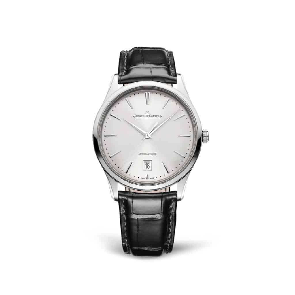 Les 10 Jaeger-LeCoultre les plus désirables en 2026 : Montre Jaeger-LeCoultre Master Ultra Thin Date Q1238421 en acier, cadran argenté, sur cuir noir, de face