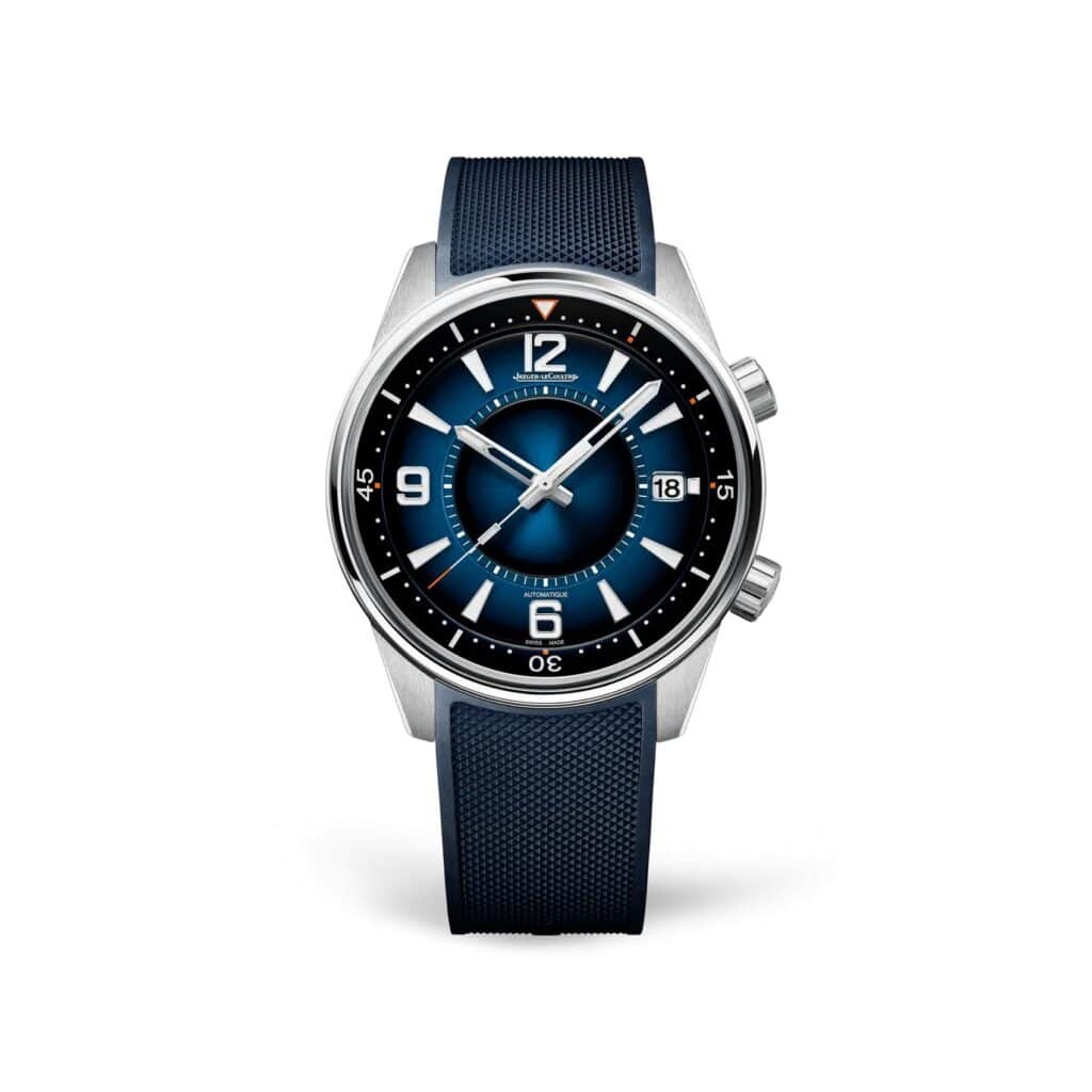Les 10 Jaeger-LeCoultre les plus désirables en 2026 : Montre Jaeger-LeCoultre Polaris Date Q906868J en acier, cadran bleu dégradé, sur caoutchouc bleu, de face