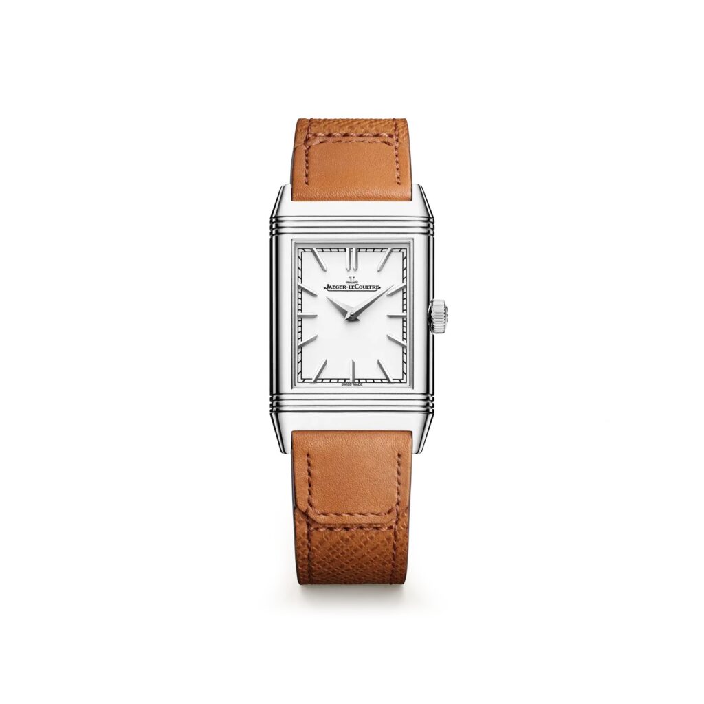 Les 10 Jaeger-LeCoultre les plus désirables en 2026 : Montre Jaeger-LeCoultre Reverso Tribute Monoface Q7168420 en acier, cadran argenté, sur cuir fauve, de face