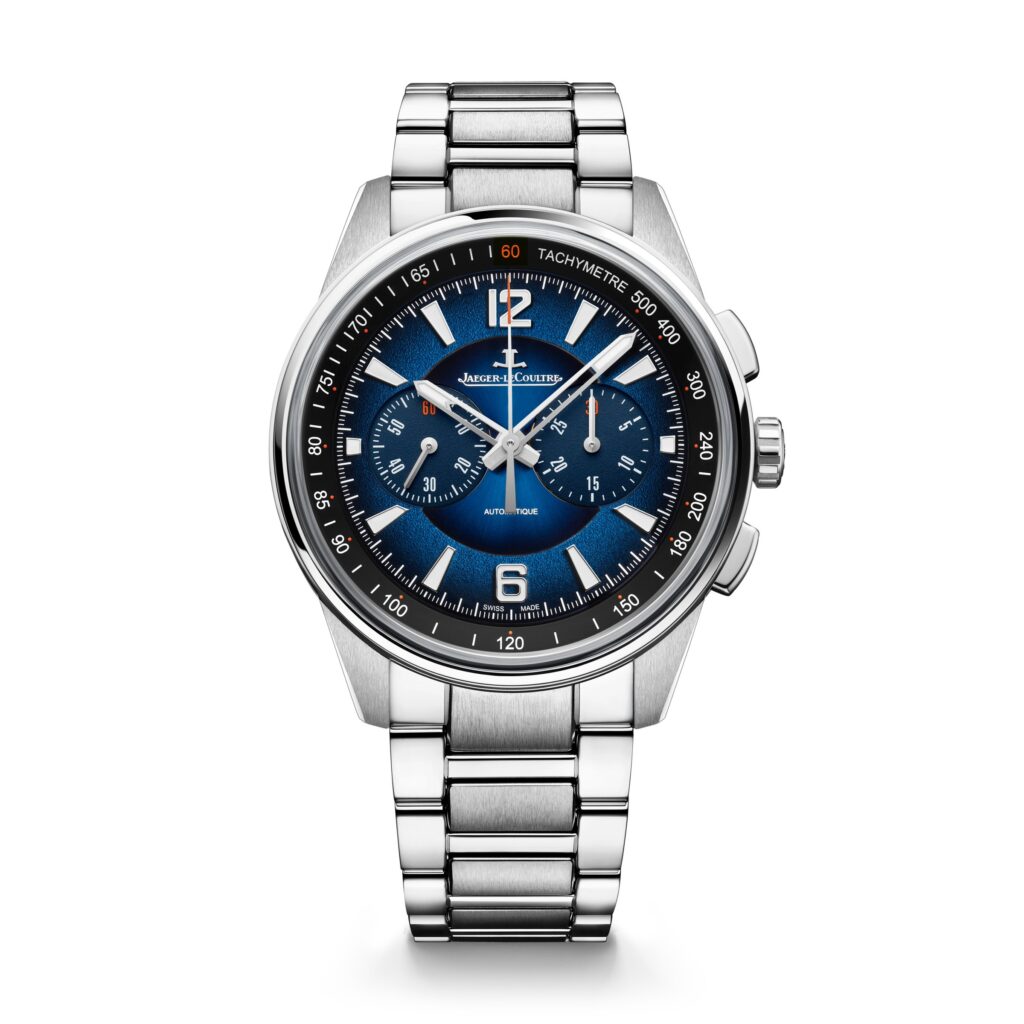Les 10 Jaeger-LeCoultre les plus désirables en 2026 : Chronographe Jaeger-LeCoultre Polaris Chronograph Q9028181 en acier, cadran bleu, sur bracelet acier, de face