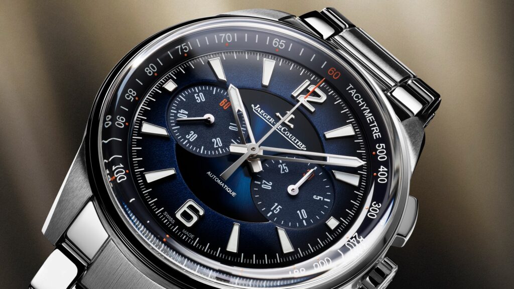 Gros plan du cadran bleu dégradé et des compteurs du Jaeger-LeCoultre Polaris Chronograph Q9028181