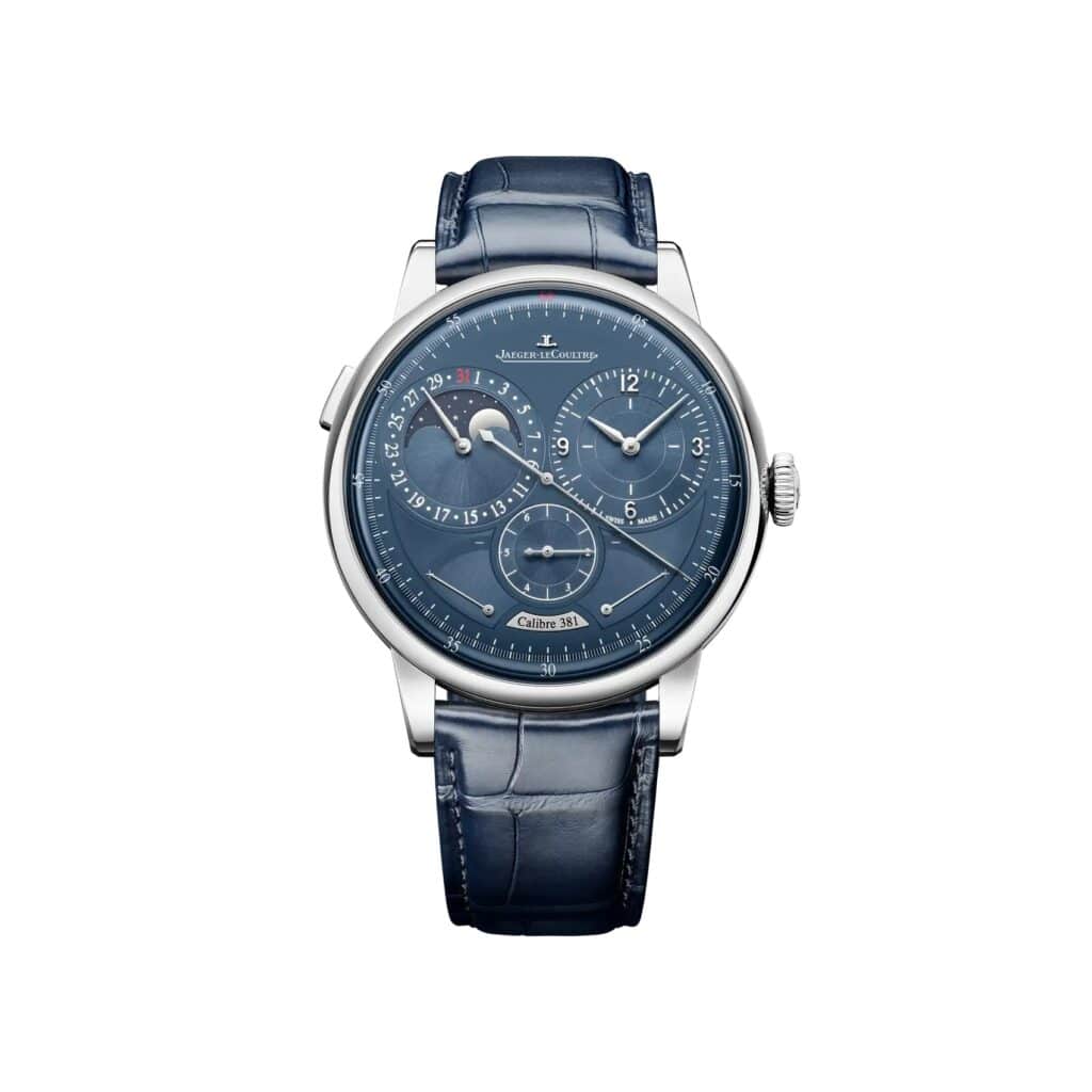 Les 10 Jaeger-LeCoultre les plus désirables en 2026 : Montre Jaeger-LeCoultre Duomètre Quantième Lunaire Q604848J en acier, cadran bleu, sur alligator bleu, de face