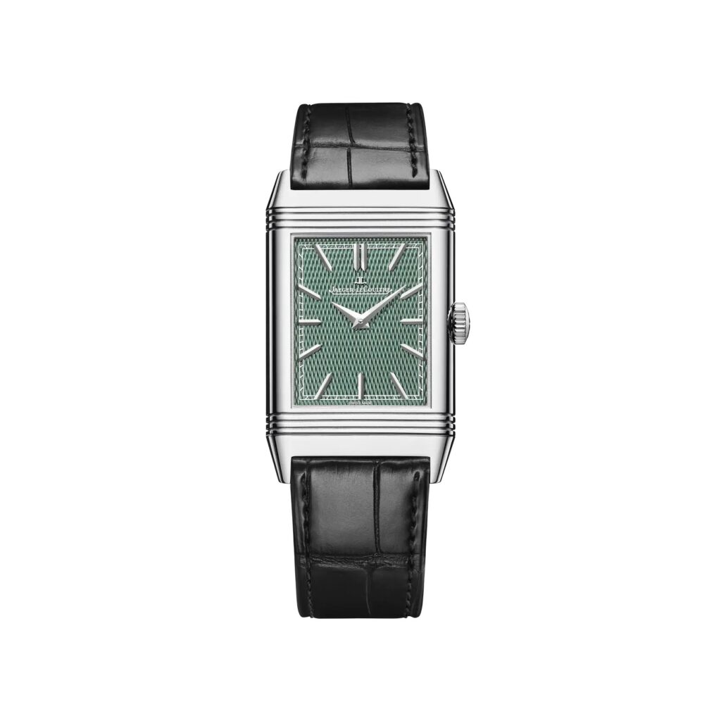 Les 10 Jaeger-LeCoultre les plus désirables en 2026 : Montre Jaeger-LeCoultre Reverso Tribute Enamel Turner Q39334W2 en or blanc, cadran émaillé vert, de face