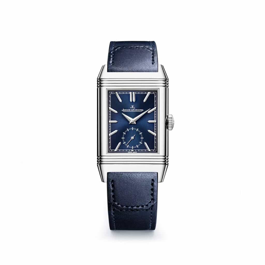 Les 10 Jaeger-LeCoultre les plus désirables en 2026 : Montre Jaeger-LeCoultre Reverso Tribute Duoface Small Seconds Q3988481 en acier, face bleue, de face