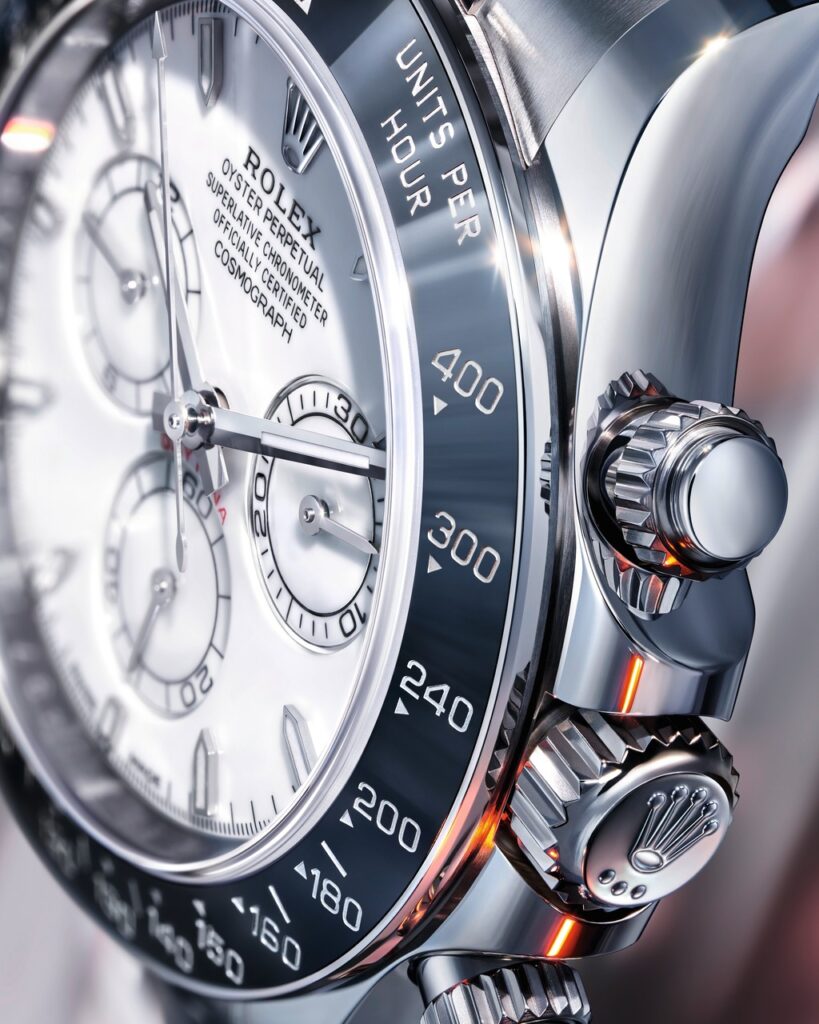Rolex record de vente : Gros plan sur une Rolex Cosmograph Daytona avec lunette noire