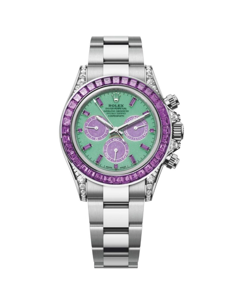 Rolex Cosmograph Daytona Spring en or blanc, cadran en chrysoprase et lunette de saphirs violets