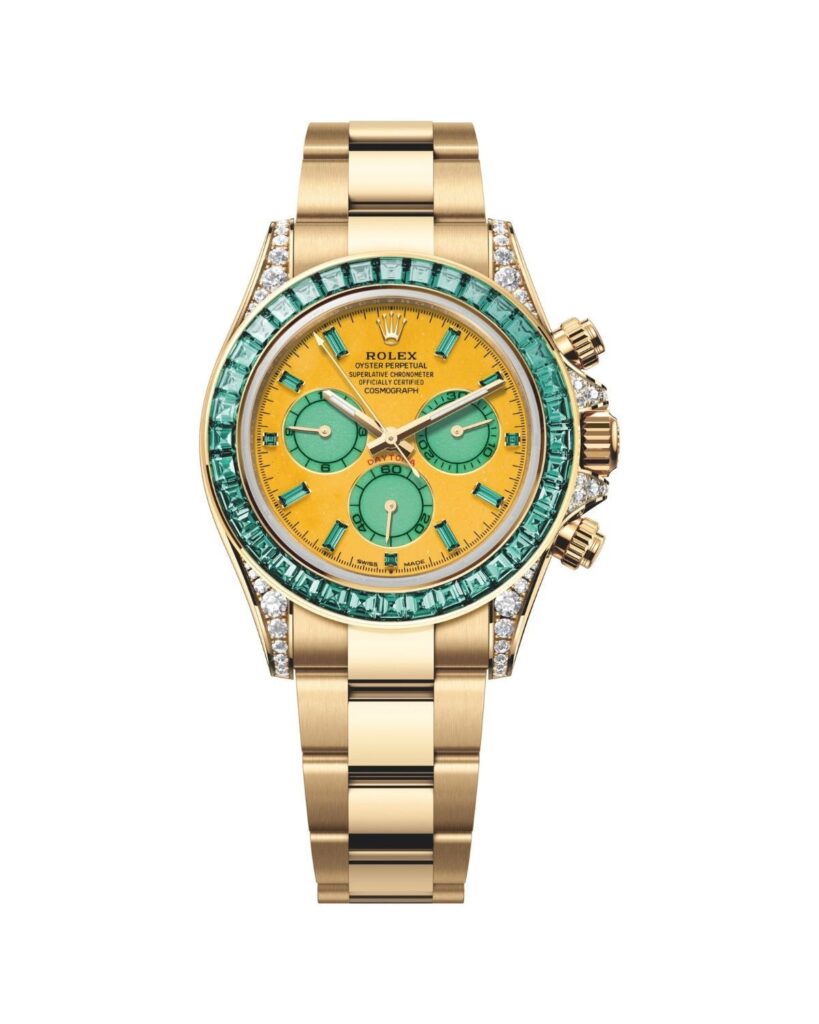 Rolex Cosmograph Daytona Autumn en or jaune, cadran en mookaite et lunette de tourmalines vertes